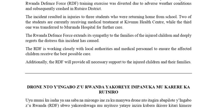 Rwanda: RDF will compensate everything for the three children who were hurt when RDF’s trainer drone made an accident in Rutsiro district.
