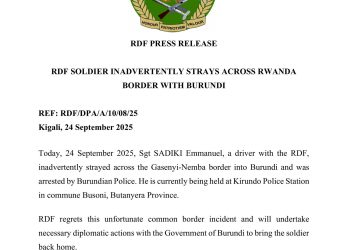 Rwanda, Breaking news: The RDF, Rwanda Defence Forces, has confirmed the arrest news of their soldier who unintentionally intruded Burundi’s lands